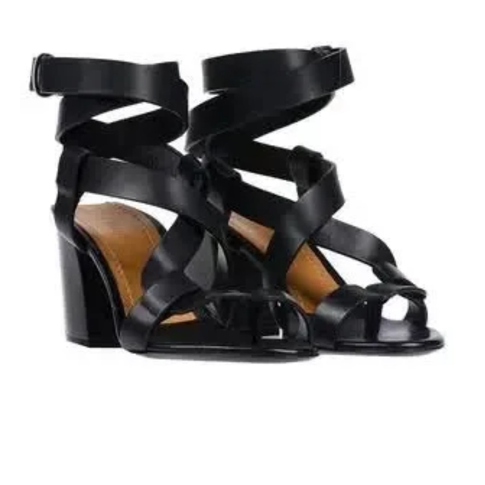 TOM FORD STRAPPY SANDALS IN Black Leather, Gunmetal, tan heel. Size 38.5